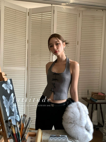 LATTITUDE/Yang Xiaolu pu leather bow halter halter top slim slim vest for women