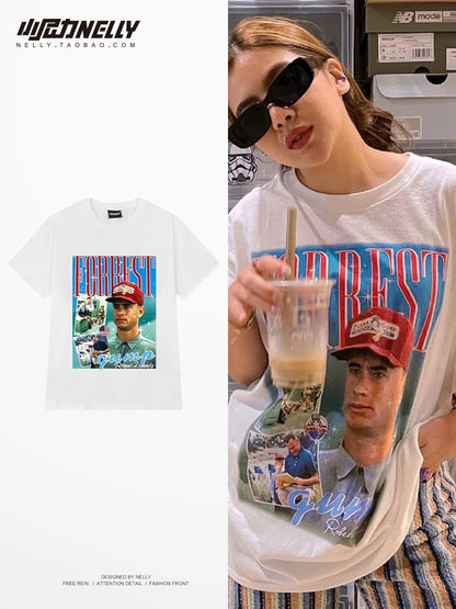 Heavy American retro poster pattern pure cotton short-sleeved T-shirt men and women loose summer ins casual half-sleeve five-point sleeves