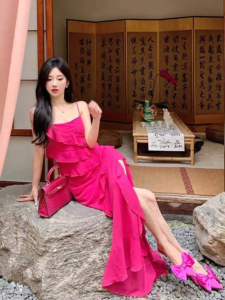 French sling dress fairy summer ruffles high-end sexy open back seaside holiday wind beach long skirt