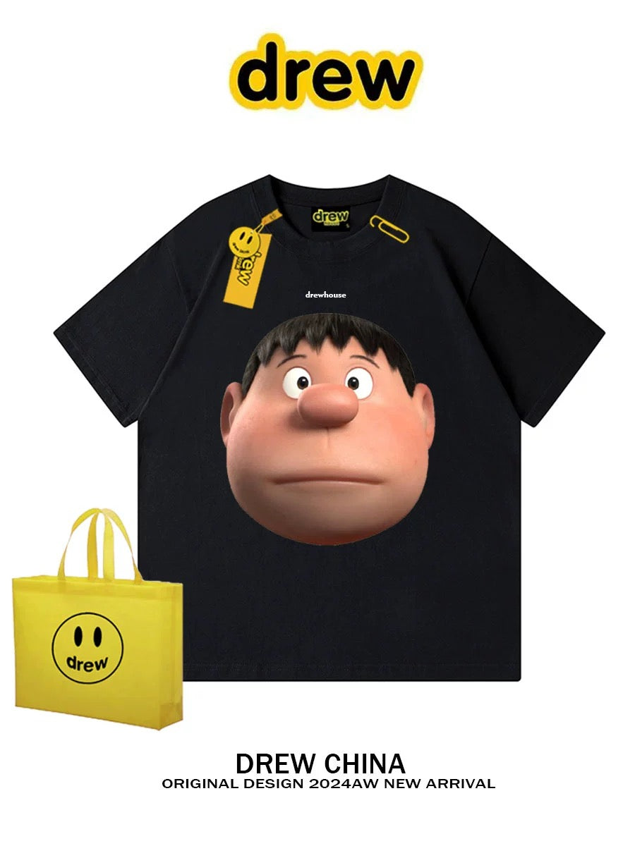 drew smiley face trendy brand fat tiger cartoon print heavy short-sleeved T-shirt for men and women niche loose bf couple half-sleeved tee
