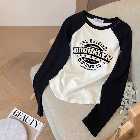 Contrast color pure cotton inner wear design sense splicing long-sleeved T-shirt female 2025 autumn and winter new European goods loose slim top M