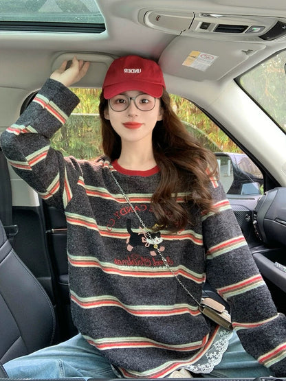 Korean striped long-sleeved T-shirt for women 2025 new spring and autumn lazy style retro age-reducing design contrast color top ins