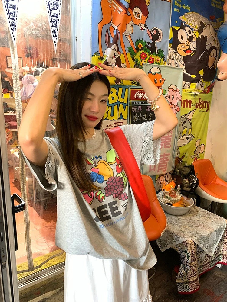 Luoluo Xianjie Loose T-shirt Women Cover Belly Slimming Tops 2024 New Gray Short Sleeve Small T-shirt