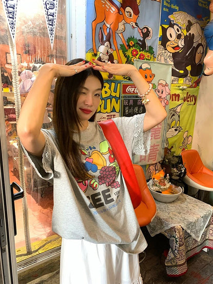 Luoluo Xianjie Loose T-shirt Women Cover Belly Slimming Tops 2024 New Gray Short Sleeve Small T-shirt