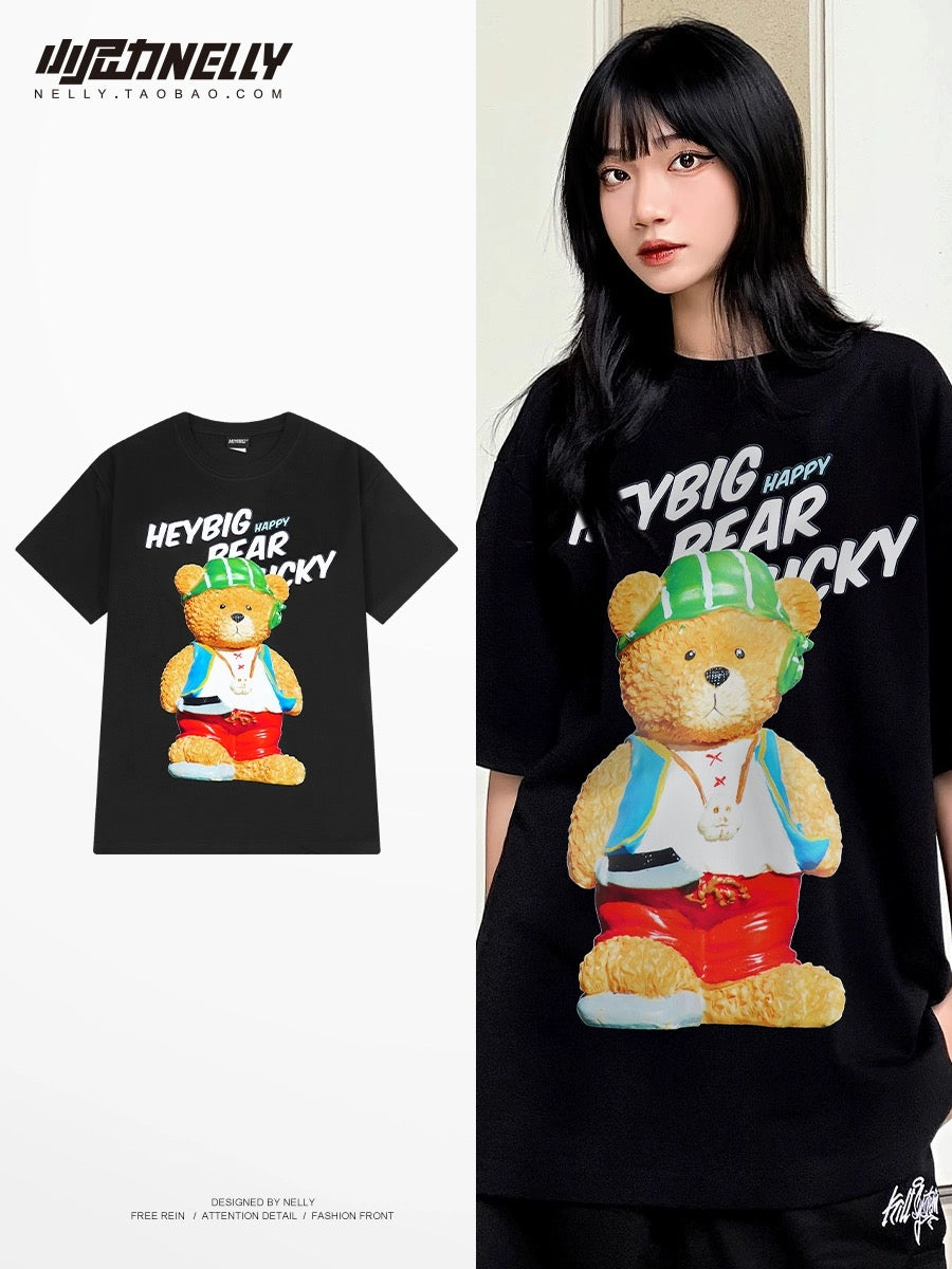 Pure cotton short-sleeved T-shirt for boys 2024 summer new American cartoon bear heavy loose casual round neck half sleeve