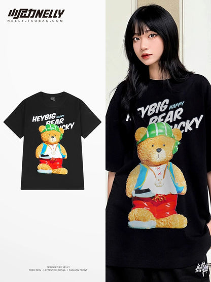 Pure cotton short-sleeved T-shirt for boys 2024 summer new American cartoon bear heavy loose casual round neck half sleeve