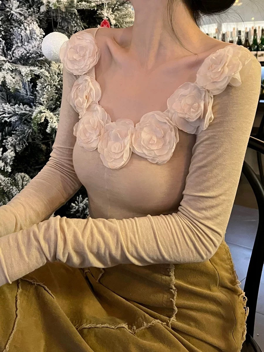 sorozien peony moth orchid original flower skin-friendly long-sleeved bottoming shirt women's slim T-shirt inner top