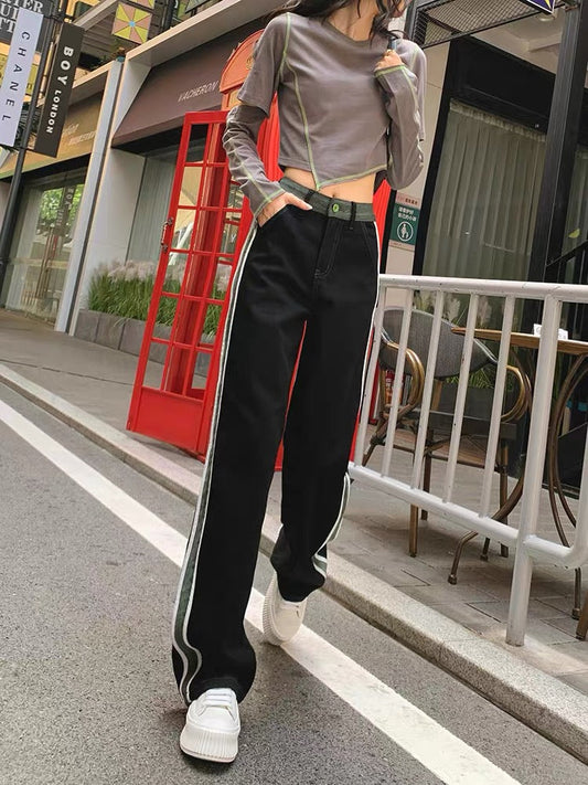 Black straight jeans women's wide-legged loose 2023 autumn new style selvage Hong Kong style high-end drape floor-length trousers (P132)