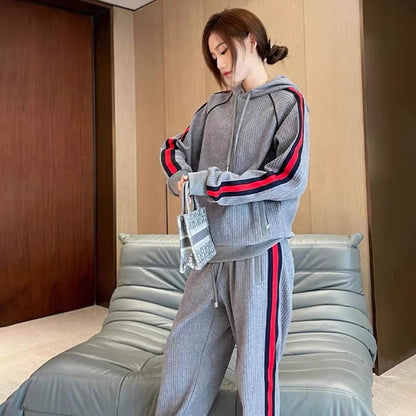 Gray casual sports striped suit for women spring 2023 new fashionable style hooded sweatshirt and sweatpants two-piece set
