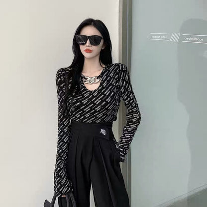 High waist short top women's bottoming shirt spring and autumn fashion chain personality sexy design sense niche letter long-sleeved T-shirt