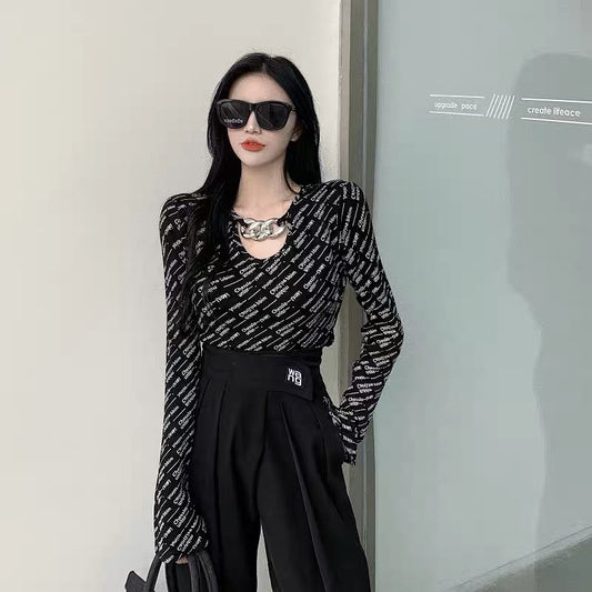 High waist short top women's bottoming shirt spring and autumn fashion chain personality sexy design sense niche letter long-sleeved T-shirt