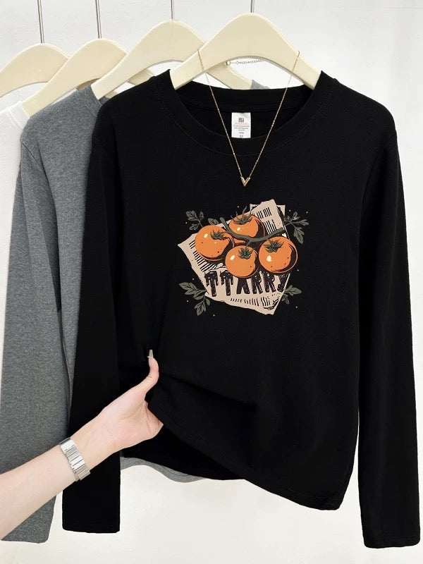 2025 Early Autumn New Style Bottoming Shirt Western Style Straight Shoulder Women's Long Sleeve T-shirt Round Neck College Style Letter Printed Top
