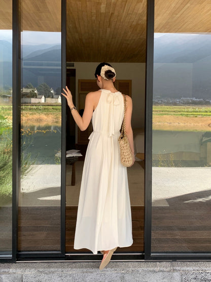 pusumede black halter dress female temperament loose large swing sleeveless off-shoulder French holiday style long dress