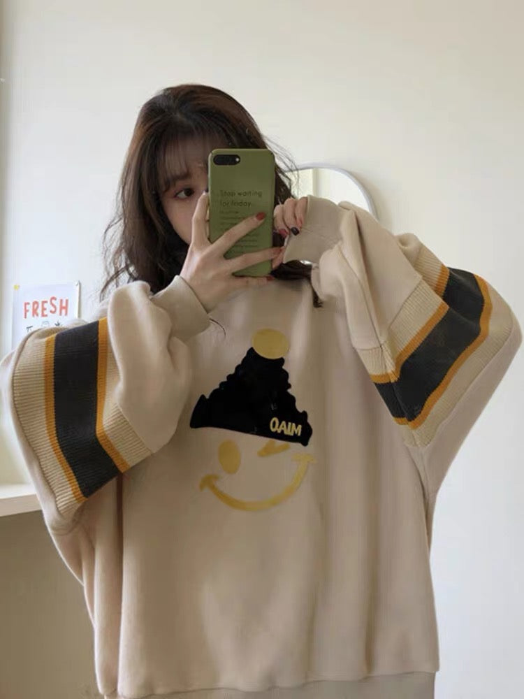 Apricot Smiley Sweatshirt New 2023 Popular Autumn and Winter Thin Jacket Loose Korean Style Hoodless Top Trendy