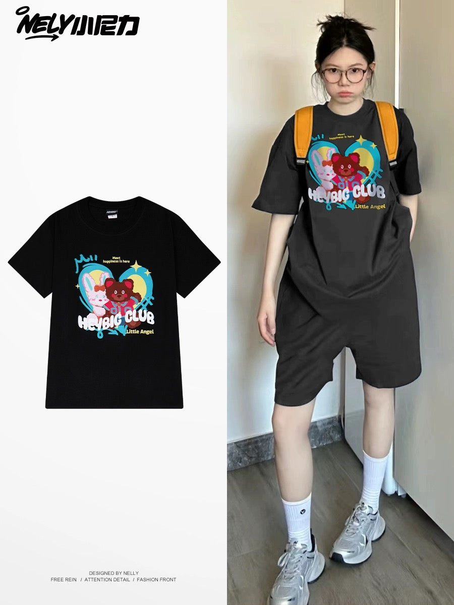 nely Little Nelly National Trend Street Love Bear Short Sleeve T-shirt Men and Women Loose Oversize Couple Tops