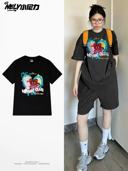nely Little Nelly National Trend Street Love Bear Short Sleeve T-shirt Men and Women Loose Oversize Couple Tops