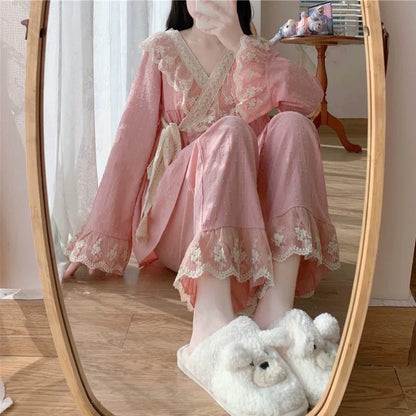 Long-sleeved suit pure cotton pajamas for women pure desire style 2023 new palace style home clothes two-piece set autumn women's style