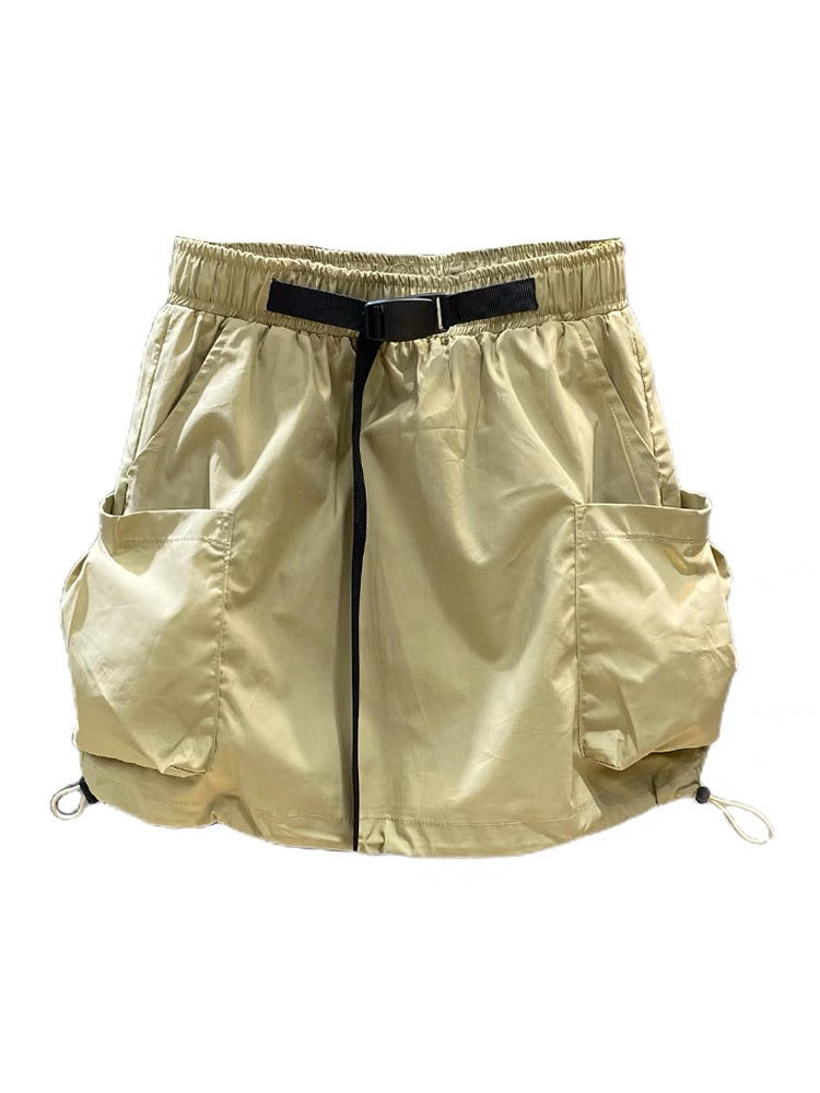 Summer workwear short skirt for women 2023 thin drawstring elastic waist large pockets A-line age-reducing flower bud skirt to prevent exposure