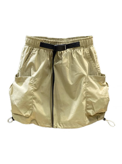 Summer workwear short skirt for women 2023 thin drawstring elastic waist large pockets A-line age-reducing flower bud skirt to prevent exposure
