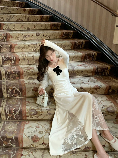 WITHMXBOOM gray home lace embroidery splicing dress women's early spring and autumn new French style long skirt