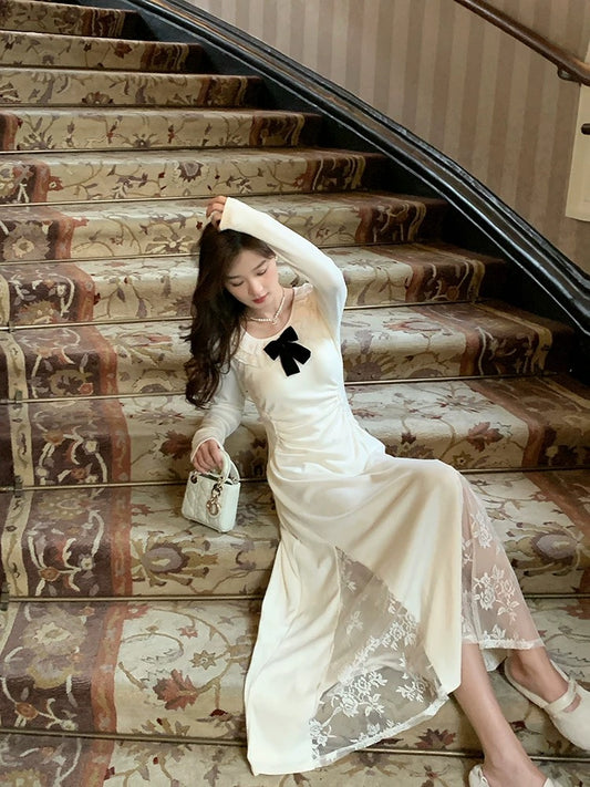 WITHMXBOOM gray home lace embroidery splicing dress women's early spring and autumn new French style long skirt