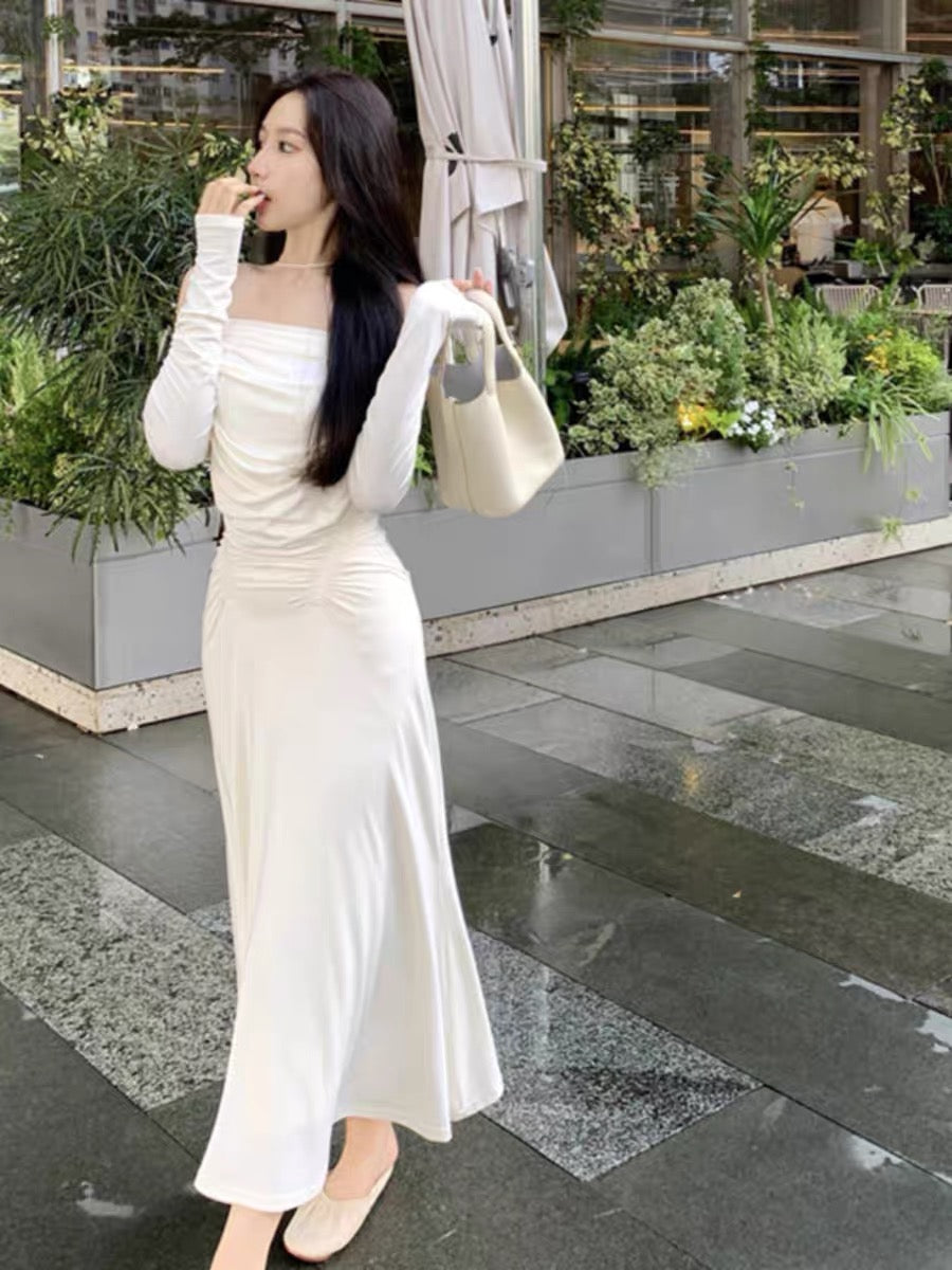 French socialite's pure lustful white one-shoulder autumn dress has a slim waist and a sexy inner long skirt A2282