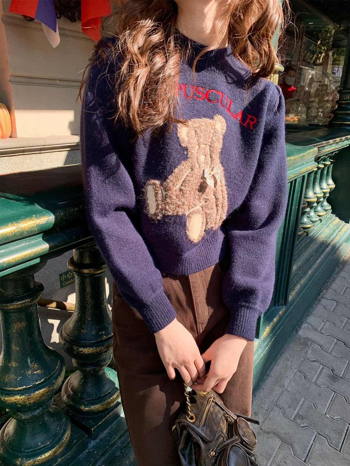 Hello Canon Teddy Bear Embroidery Puff Sleeve Sweater Women's Autumn and Winter New Loose Slim Short Knit Top