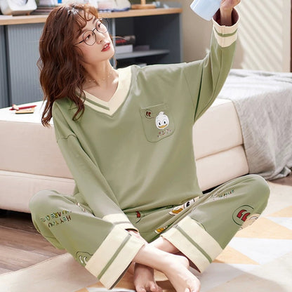 Pajamas for women Spring and Autumn 2024 new long-sleeved cotton large size summer cute autumn and winter home clothes suit