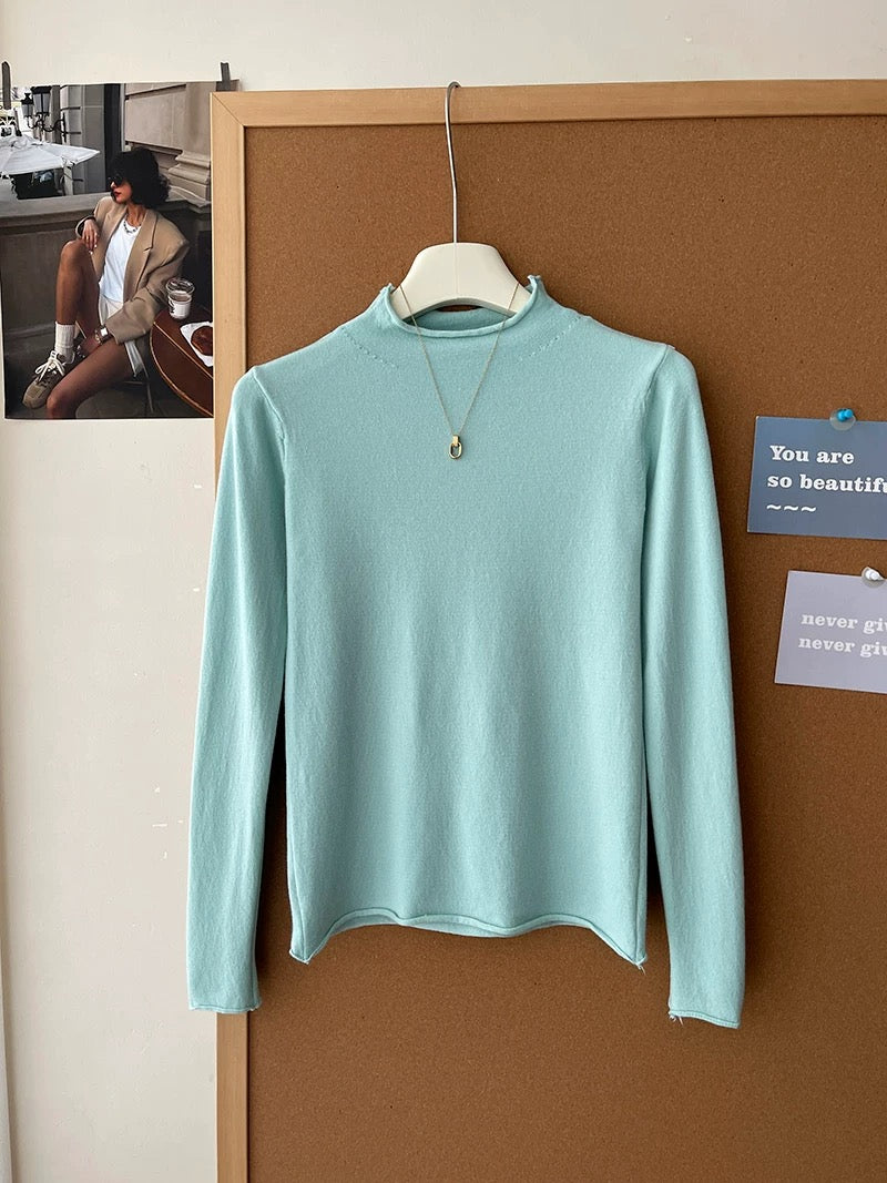 Retro soft and sticky cashmere rolled-edge turtleneck knit sweater for women, autumn and winter, gentle and versatile layering base layer top.