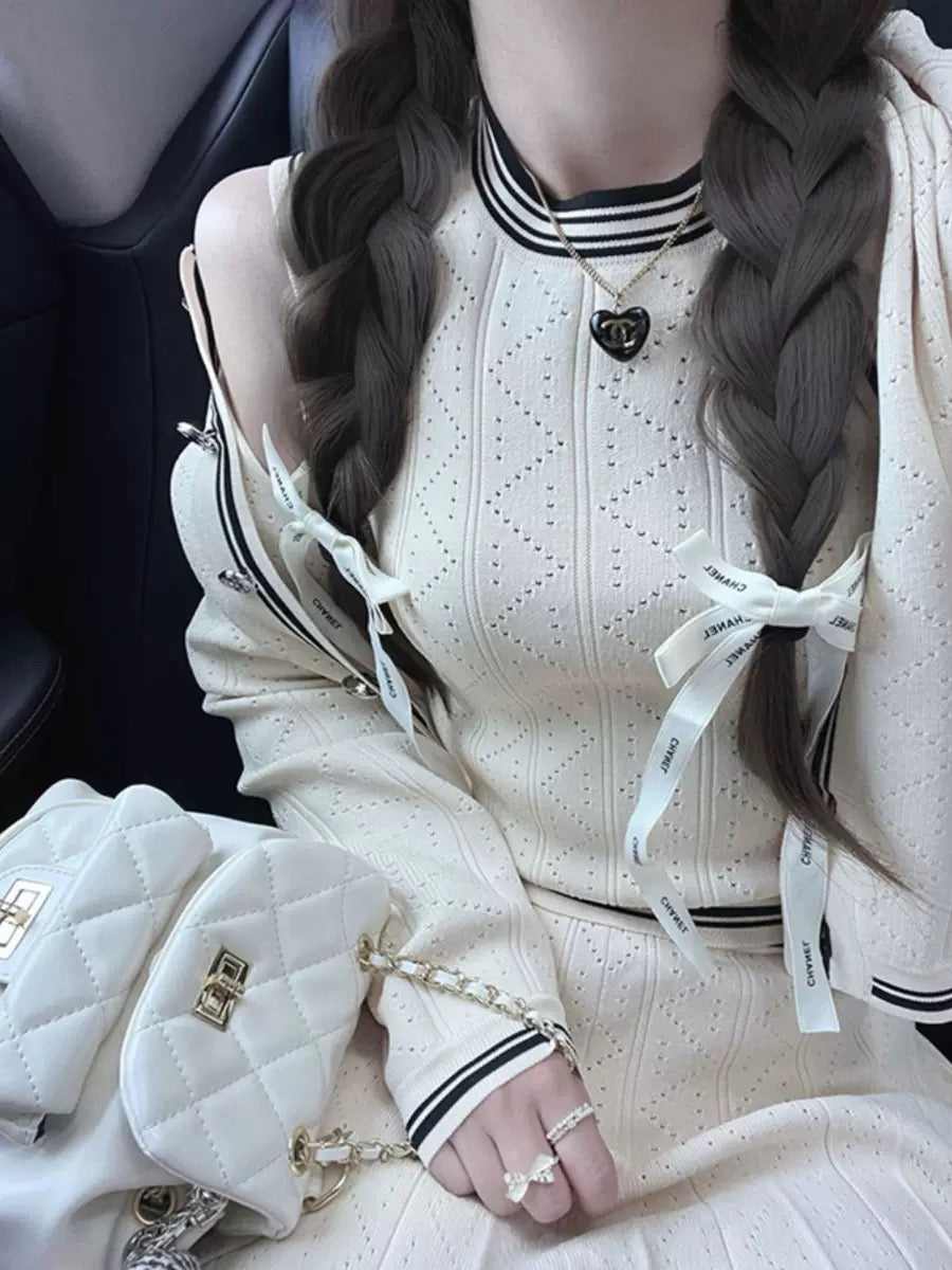 Socialite Xiaoxiangfeng Knitted Autumn and Winter Suit Cardigan Jacket Vest Top Half Skirt Advanced Three-piece Set for Women T9695