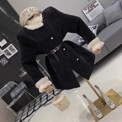 French light luxury style heavy-duty beaded wooden ear-edge high-end mid-length pearl buckle loose and versatile foreign-style coat for women