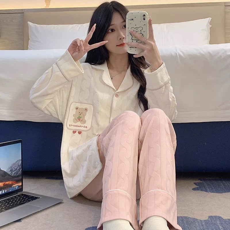 Pajamas women summer cardigan long-sleeved trousers suit summer ladies 2024 new cartoon spring autumn winter home clothes