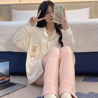 Pajamas women summer cardigan long-sleeved trousers suit summer ladies 2024 new cartoon spring autumn winter home clothes