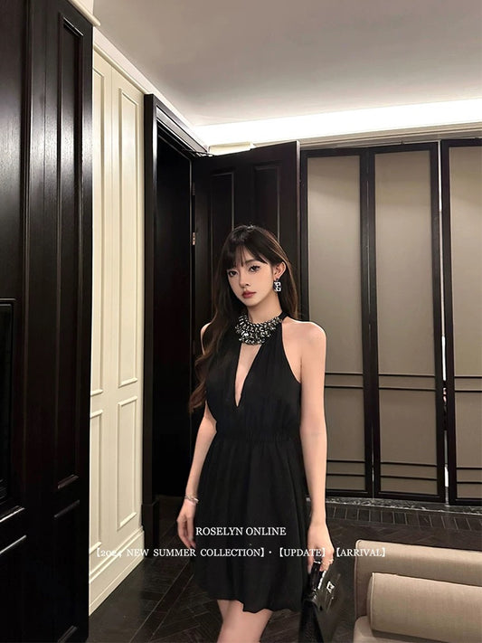 Roselyn black hot flash ancient early Qianjin style heavy diamond halter neck waist dress women's high-end little black dress