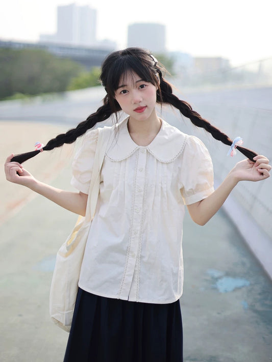 Shirt women's summer doll collar puff sleeve design niche sweet super fairy spring loose top pure cotton shirt