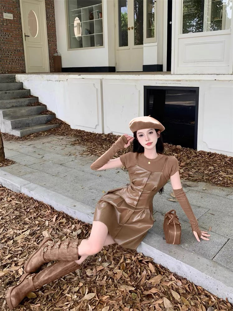 leather suspender dress French royal sister high-end niche top leather suspender dress hot gir Lee Nhi Boutique