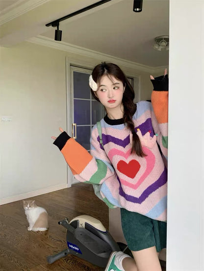Korean sweet color matching love round neck knitted thick sweater for women autumn and winter 2023 new loose mid-length top A2244