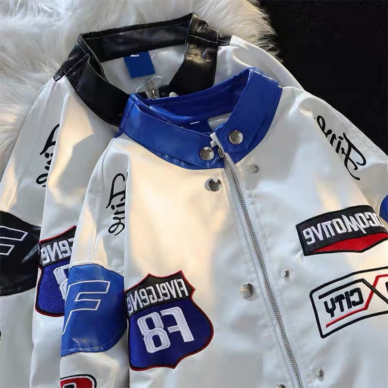 American tide brand vintage detachable racing suit men's and women's autumn and winter letter embroidery pu leather motorcycle jacket tide