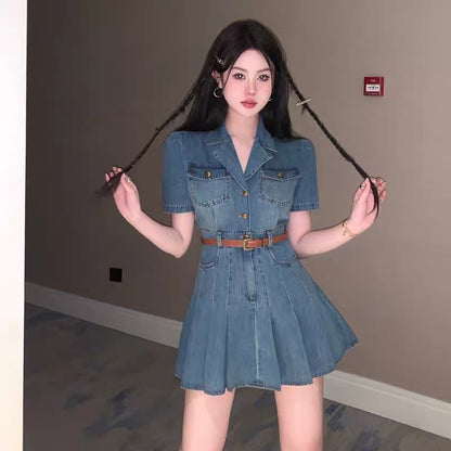 French niche retro hot girl suit collar denim dress female summer sexy waist short-sleeved pleated skirt small man