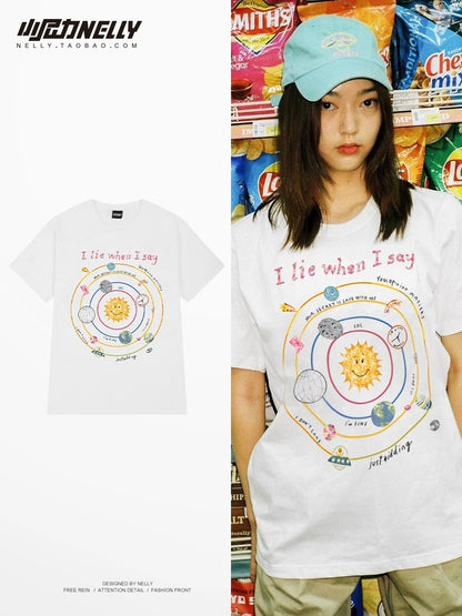 Short-sleeved T-shirts for men and women summer clothes 2024 age-reducing cartoon print tops loose versatile casual T-shirts cute half-sleeves
