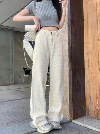 White loose new jacquard jeans casual pants for women early spring high-waisted straight pants floor-length wide-leg pants long pants