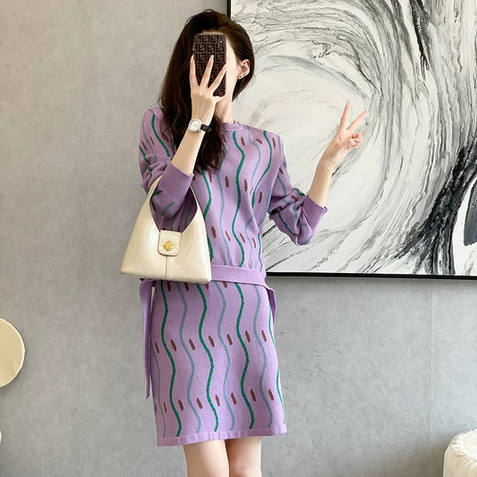 2023 autumn and winter new style small fragrance two-piece chic printed striped long-sleeved knitted sweater suit skirt women's trendy