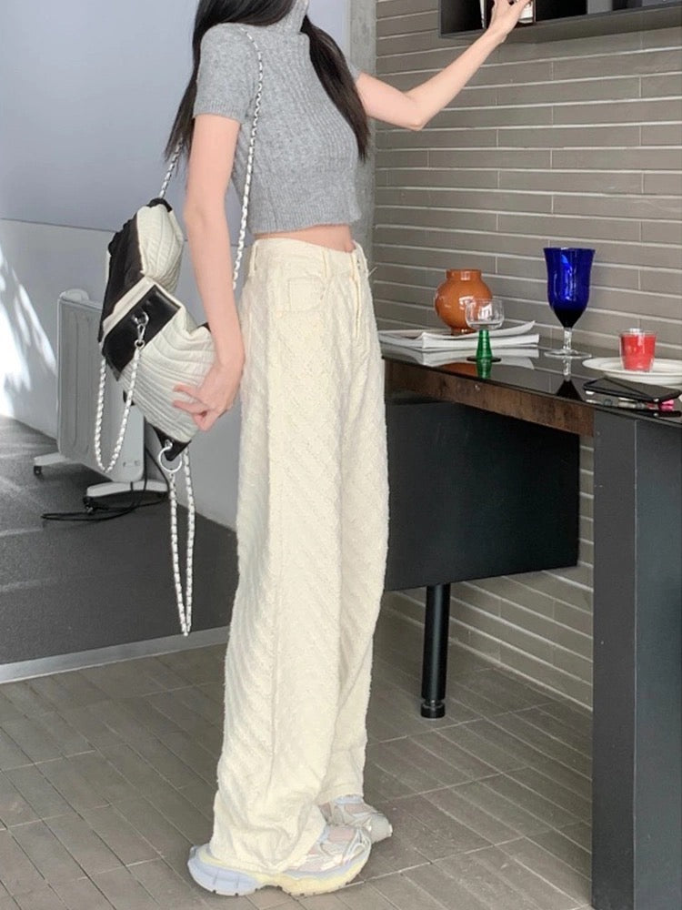 White loose new jacquard jeans casual pants for women early spring high-waisted straight pants floor-length wide-leg pants long pants