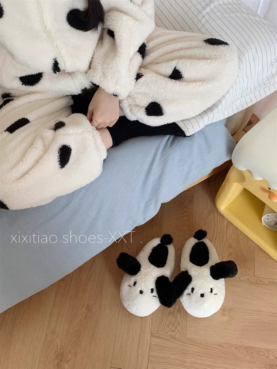 Thin strips of warm soft-soled furry shoes for student bedrooms and home use, winter internet celebrity cute puppy cotton slippers for women