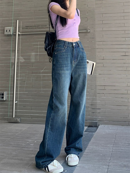 Kumikumi retro dark blue jeans for women spring high waist slim straight loose wide leg pants mopping trousers