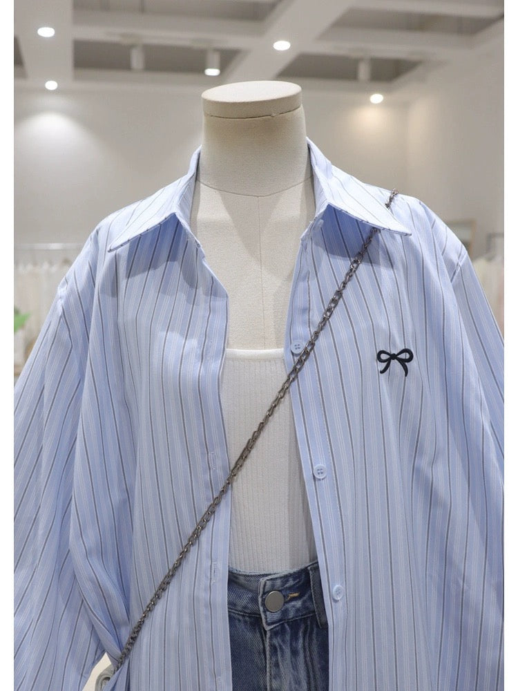 Korean style high quality bow embroidery 2024 summer loose slim medium and long cotton striped long-sleeved shirt for women