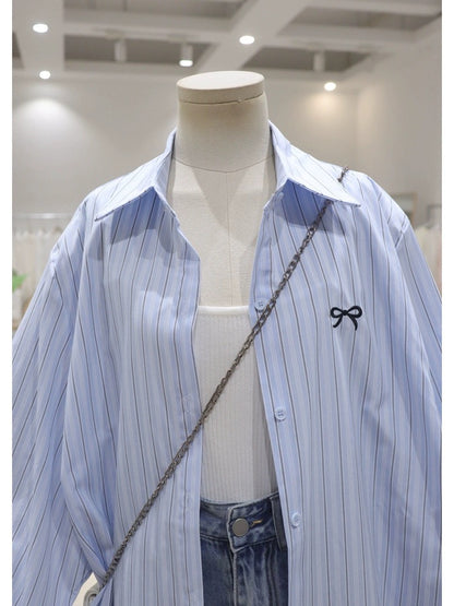Korean style high quality bow embroidery 2024 summer loose slim medium and long cotton striped long-sleeved shirt for women