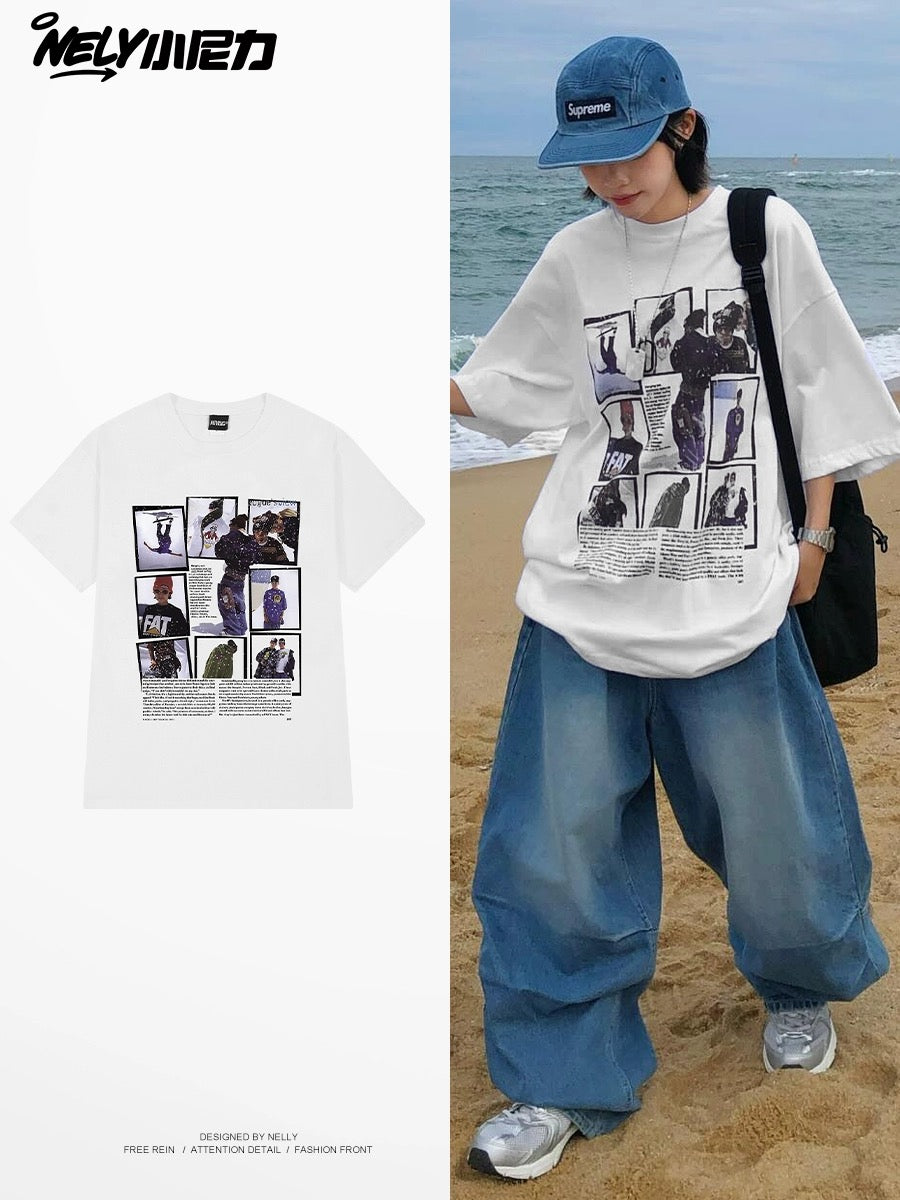 Nely American retro nine-square character photo short-sleeved T-shirt men's loose couple style street half-sleeve
