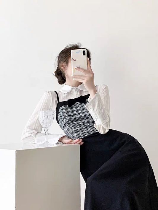 Sweet and cool college style suit skirt for women spring new style fashionable temperament gentle sweet suspender skirt two-piece set D9296