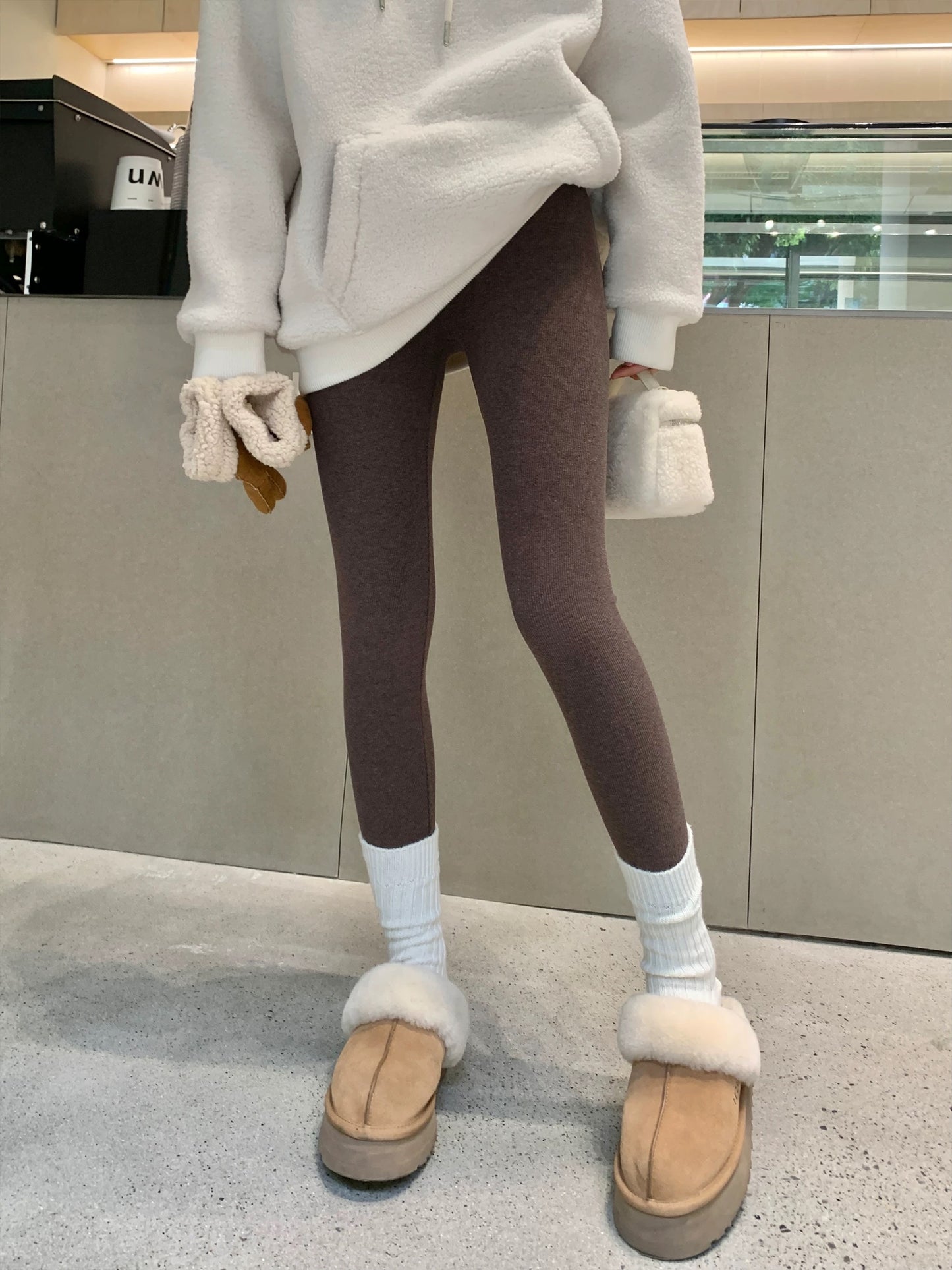 A-Yi Striped Slim Fit Elastic Leggings for Women, Fleece Lined, Autumn/Winter, Black, High Waist, Slimming and Tight-Fitting Pants